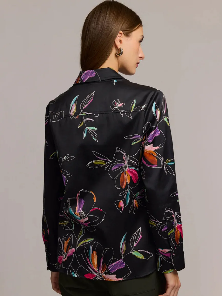 Hinson Wu Margot Long Sleeve Floral Stencil Shirt in Black