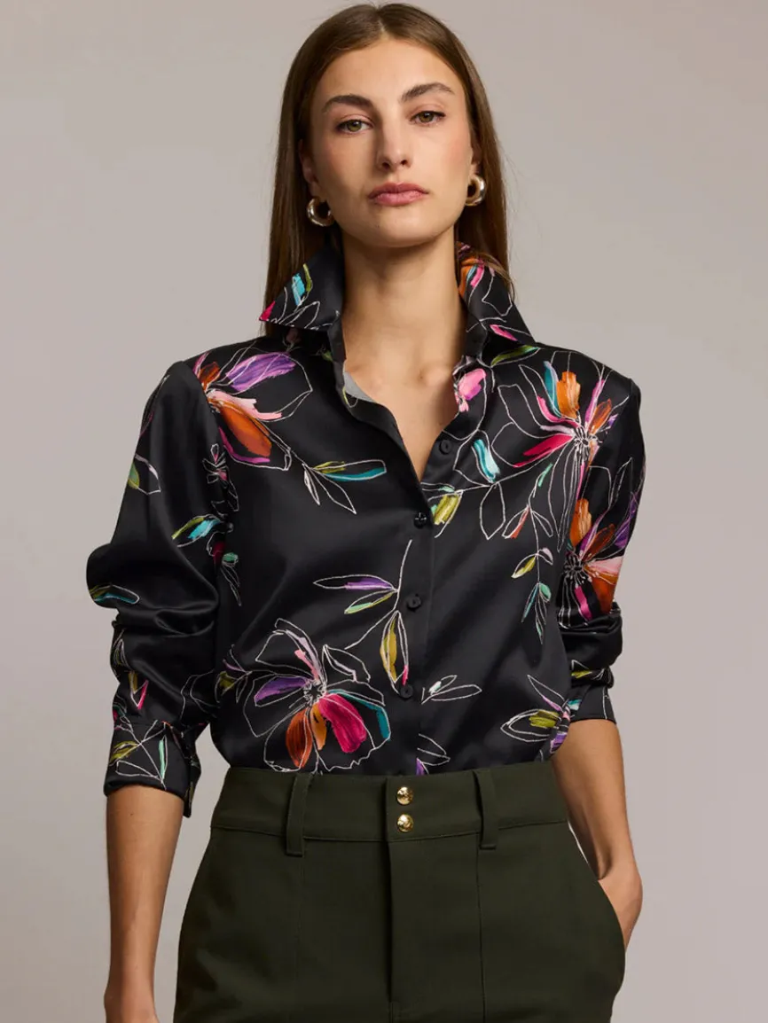Hinson Wu Margot Long Sleeve Floral Stencil Shirt in Black