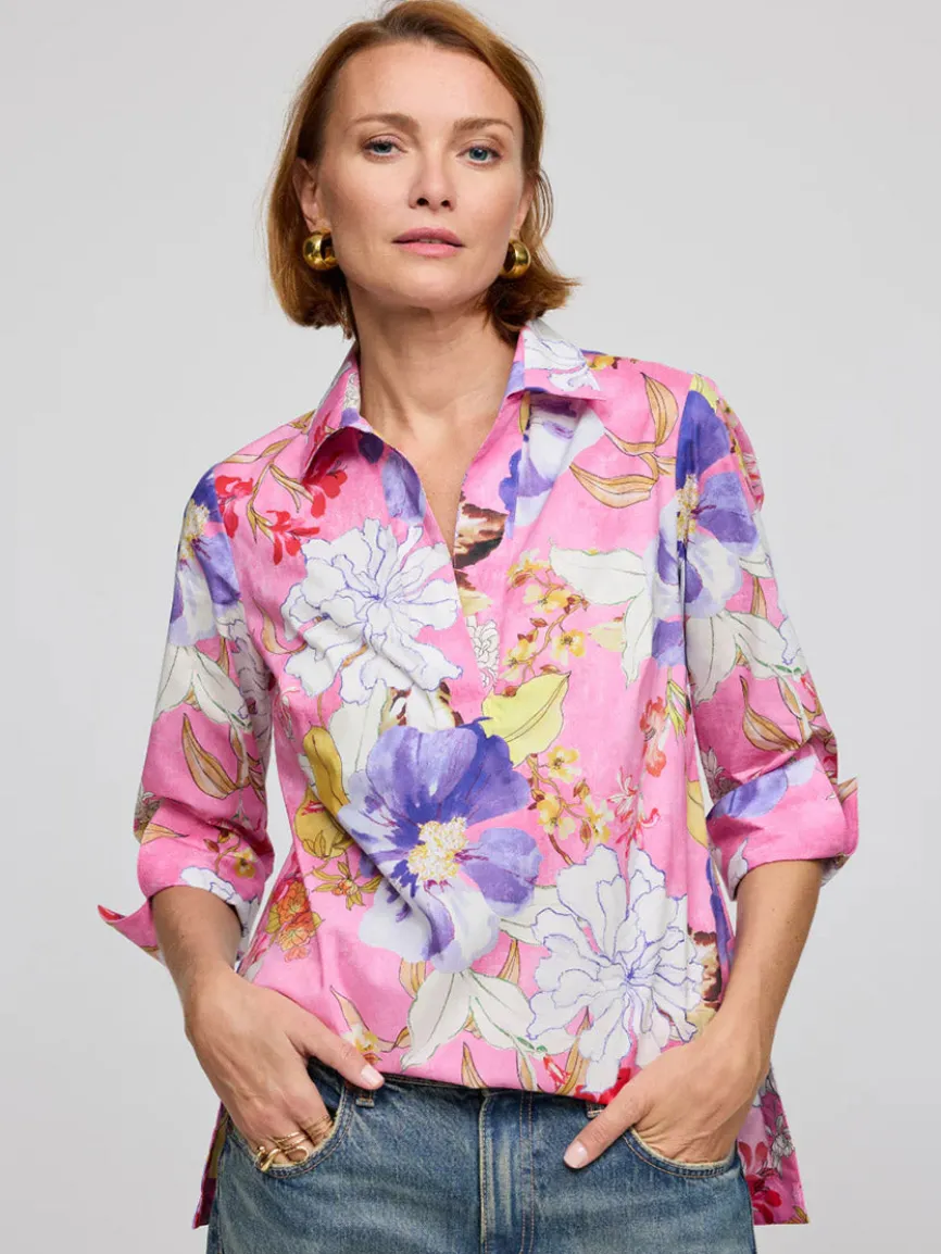 Hinson Wu Vicky 3/4 Sleeve Watercolor Floral Shirt in Pink Combo