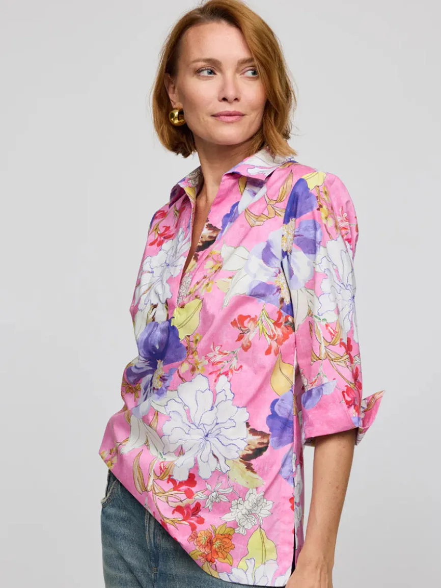 Hinson Wu Vicky 3/4 Sleeve Watercolor Floral Shirt in Pink Combo