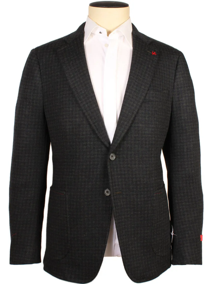 Isaia Double-Face Jersey Sport Jacket in Dark Green/Navy Check