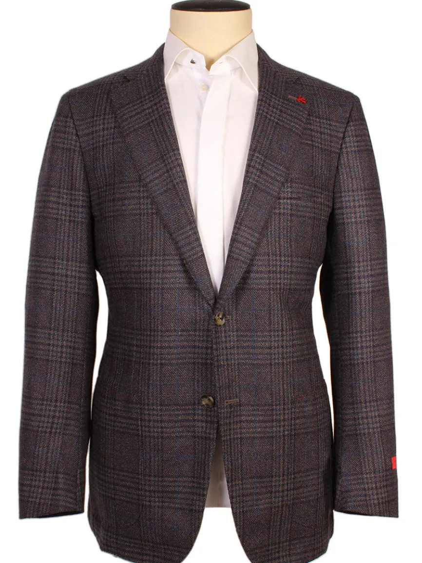 Isaia Sanita Patch Pocket Sport Jacket in Medium Blue Plaid