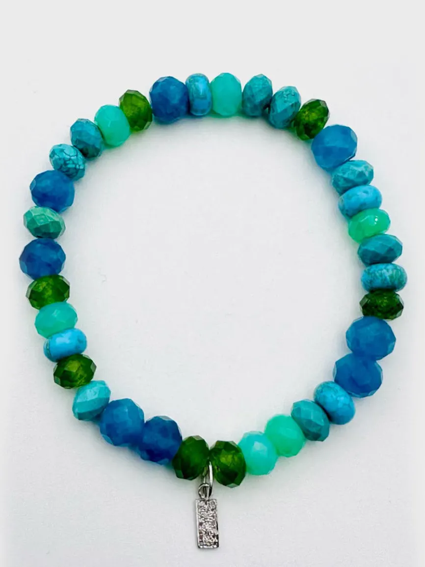 JMNYC Designs Canadian Jade, Apatite, Chrysoprase, Turquoise Stretch Bracelet With Petite Diamond Dog Tag