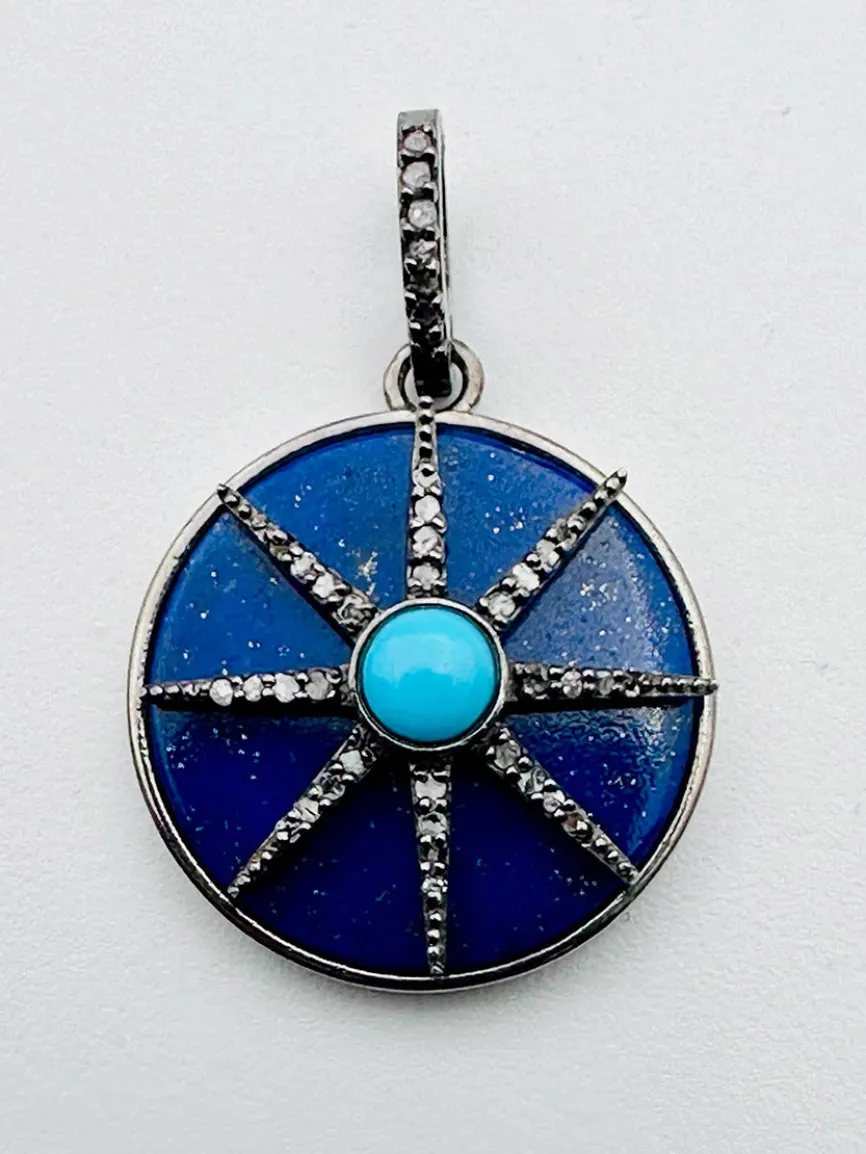 JMNYC Designs Circular Lapis Sterling Silver Pendant With Turquoise & Diamond Star