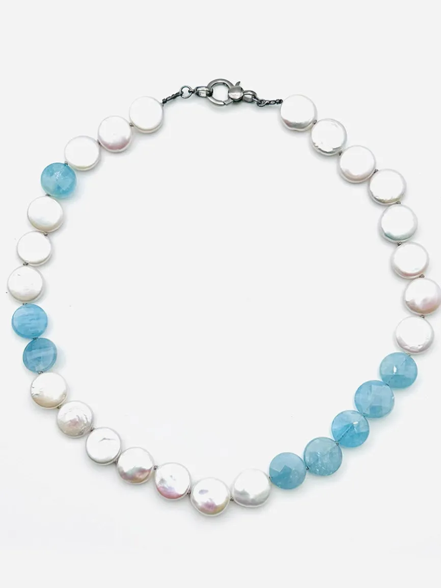 JMNYC Designs Hand Cut, Coin Shaped Aquamarine & AAA White Freshwater Coin Pearl Necklace 18"