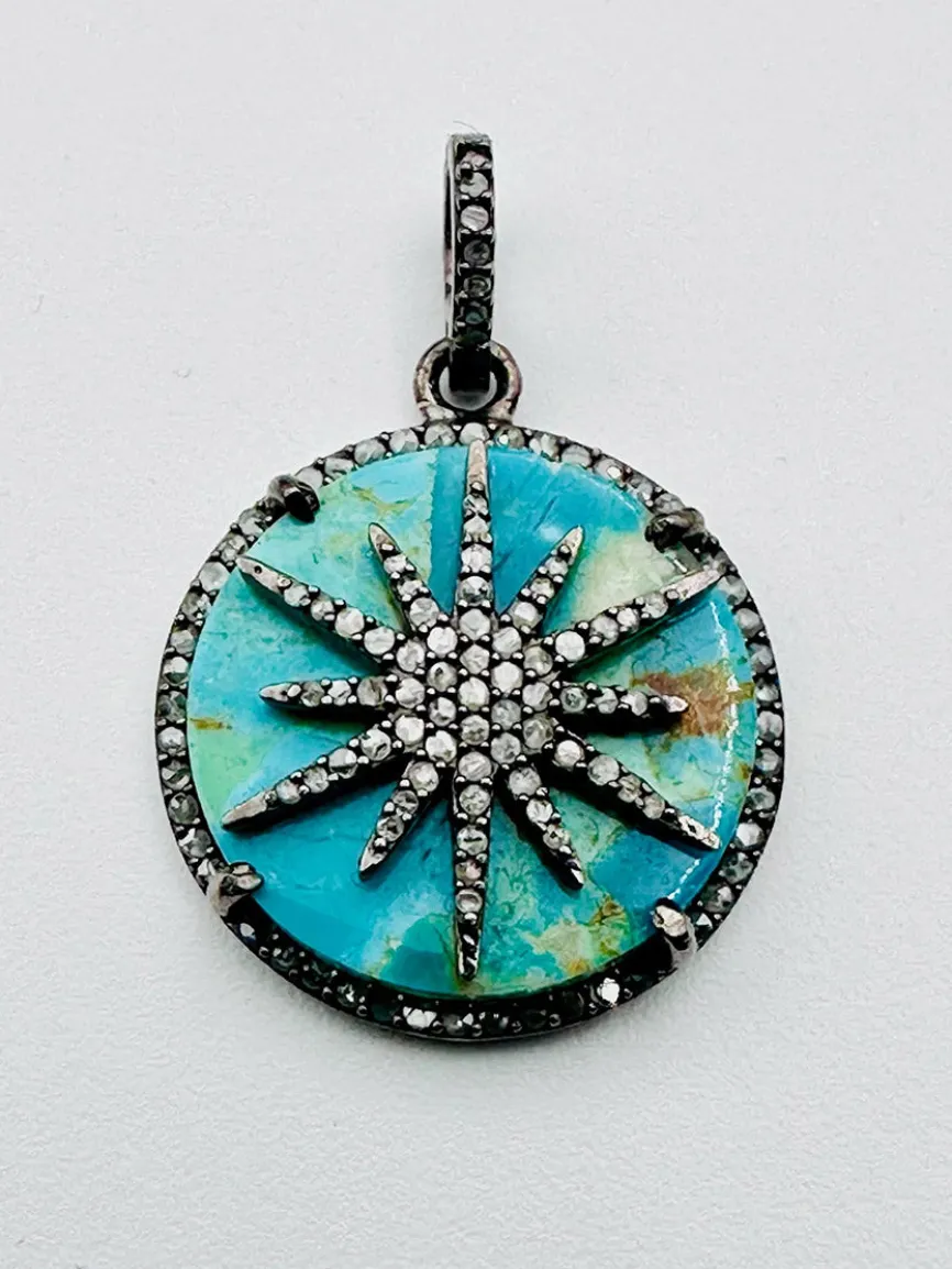 JMNYC Designs Kingman Turquoise & Diamond Coin Shaped Sterling Silver Pendant With Sun