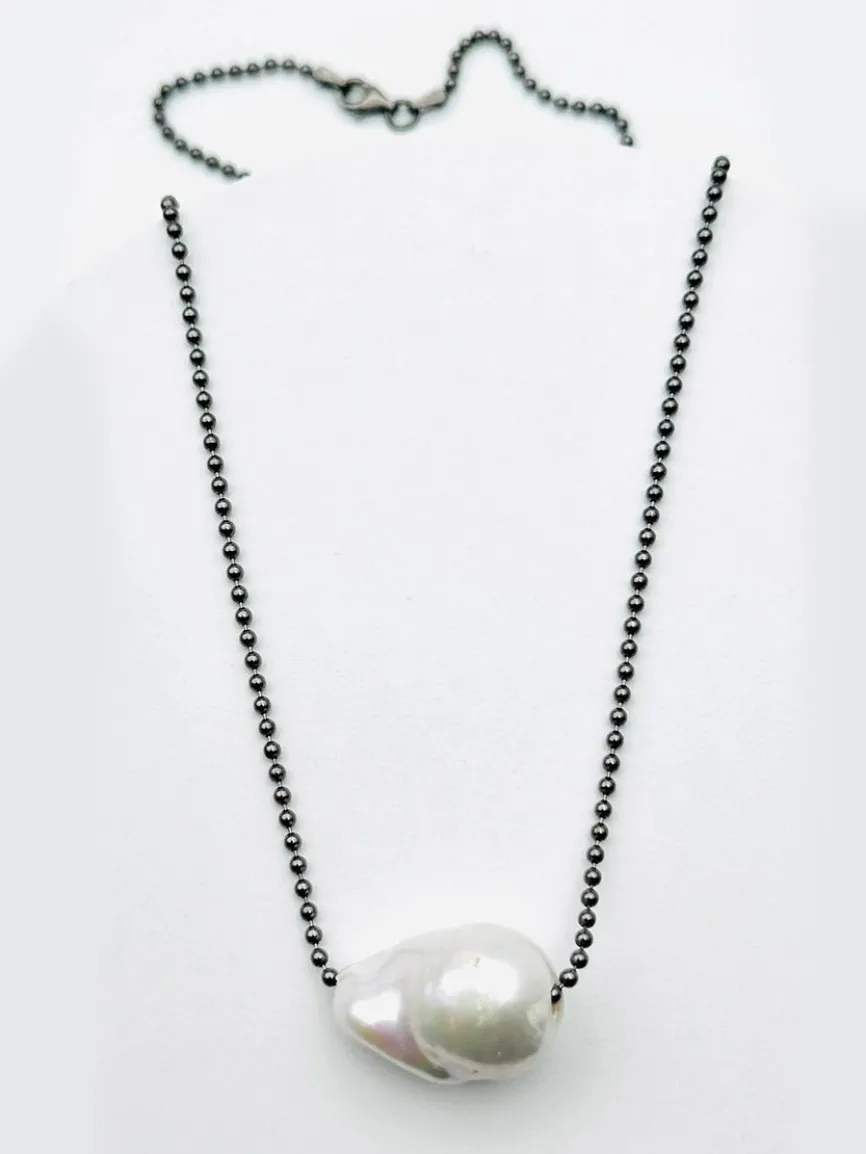 JMNYC Designs Large White Baroque Pearl On Rhodium Sterling Silver Ball Chain 18"