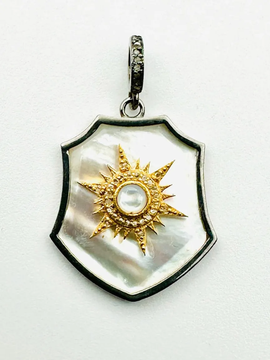 JMNYC Designs Mother Of Pearl Sun Shield With Diamond Two Tone Frame, Gold Vermeil & Sterling Silver