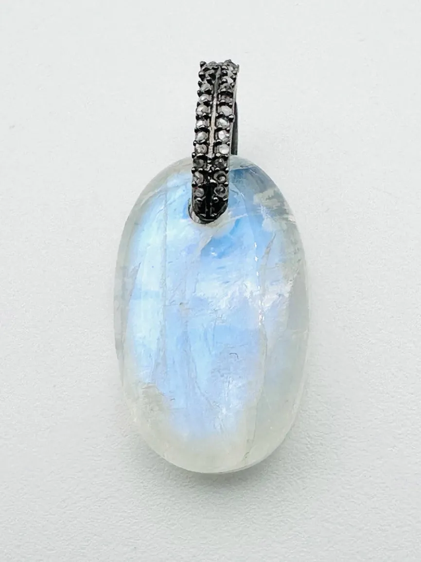 JMNYC Designs Oval Rainbow Moonstone Cabochon & Diamond Pendant