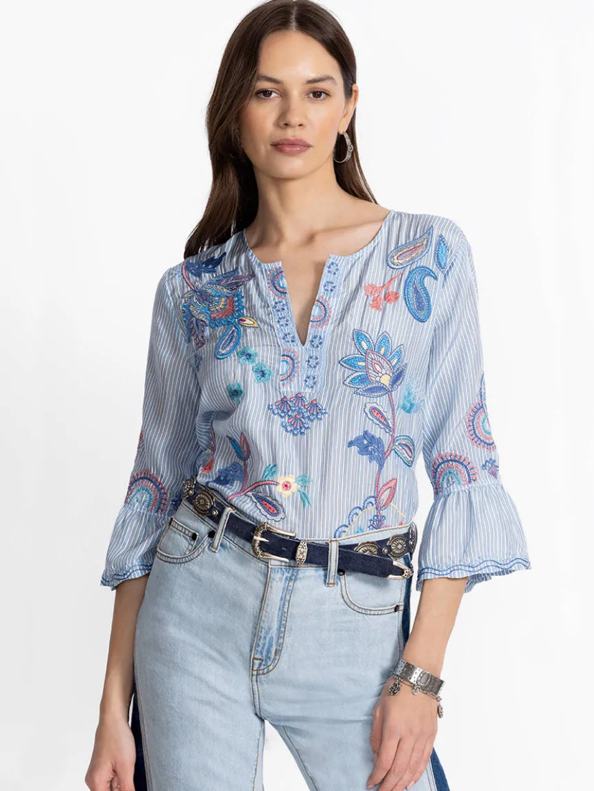 Johnny Was Ruffle Sleeve Blouse in Barine Stripe Bar