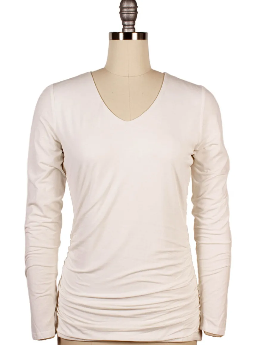 Kinross Ruched Long Sleeve Vee in Bianco