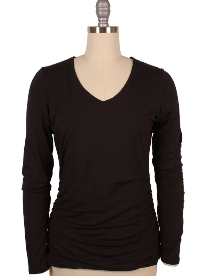 Kinross Ruched Long Sleeve Vee in Black