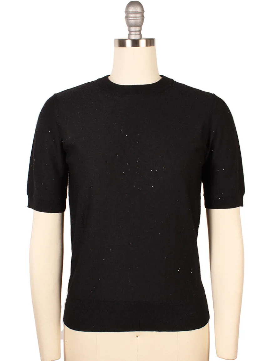 Kinross Sequin Short Sleeve Crew in Black