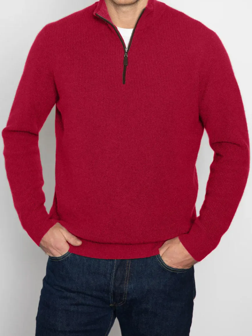 Kinross Suede Trim Rib Quarter Zip Mock Sweater in Crimson