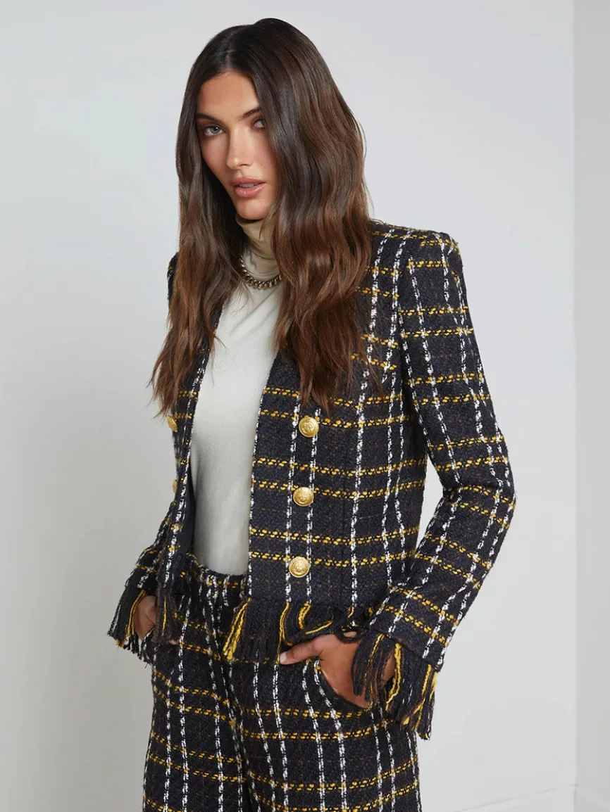 L'Agence Belmont Fringe Jacket in Black Yellow Multi Plaid
