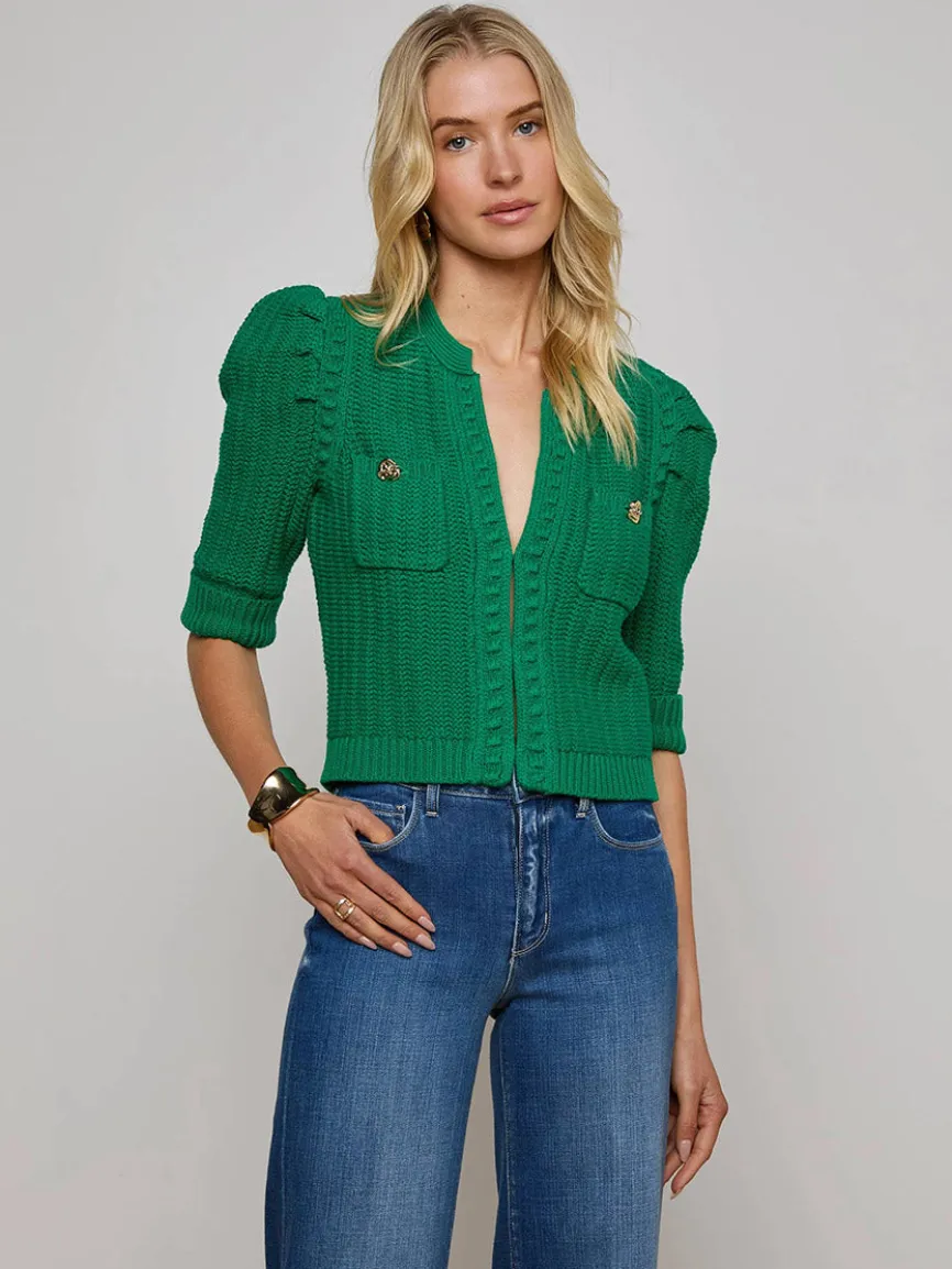 L'Agence Delilah Cropped Cardigan in Kelly Green/Gold Knot