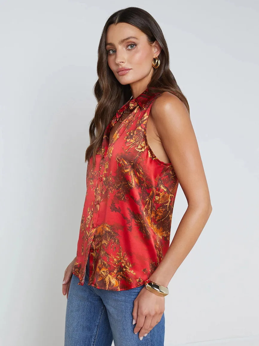 L'Agence Emmy Sleeveless Blouse in High Risk Red Multi Jungle Toile