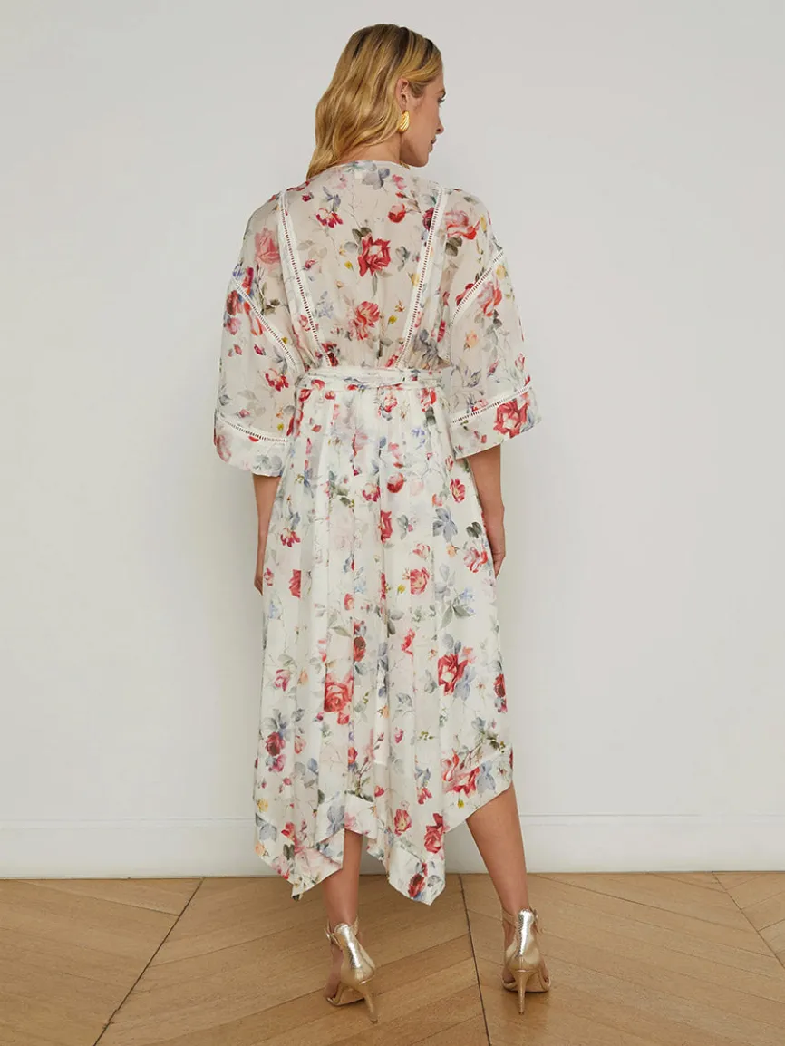 L'Agence Miki Silk Dress in Ivory Multi Watercolor Dusty Floral