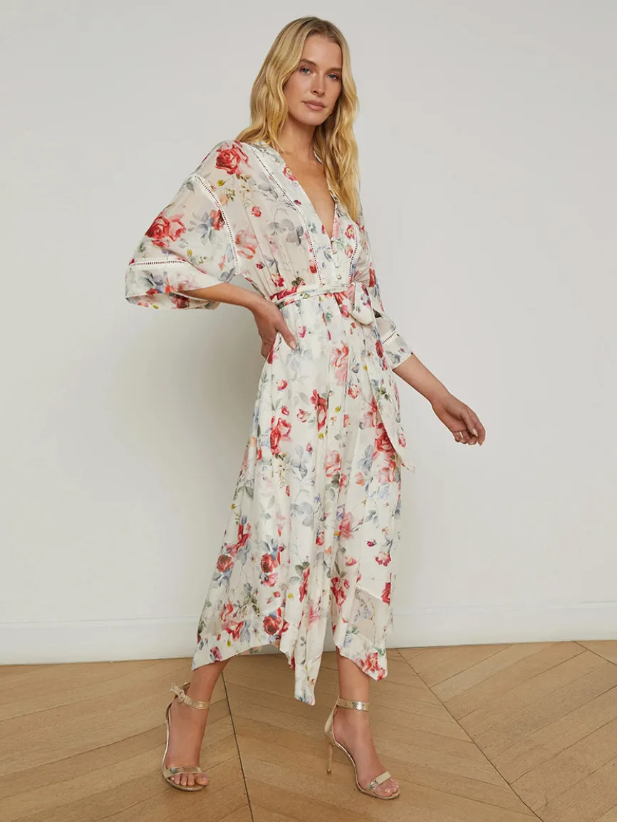 L'Agence Miki Silk Dress in Ivory Multi Watercolor Dusty Floral