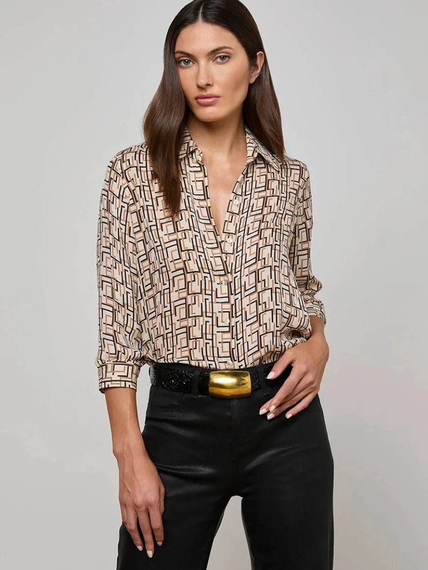 L'Agence Nina Silk Blouse in Ecru Multi Geo Print