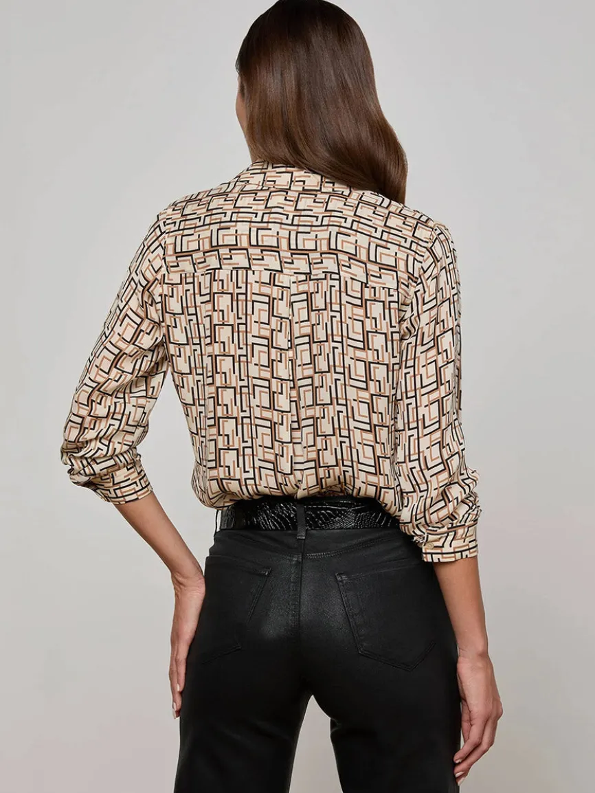 L'Agence Nina Silk Blouse in Ecru Multi Geo Print