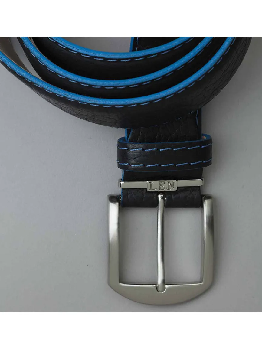 LEN Belts American Bison Belt in Black with Denim Blue Edge & Stitching