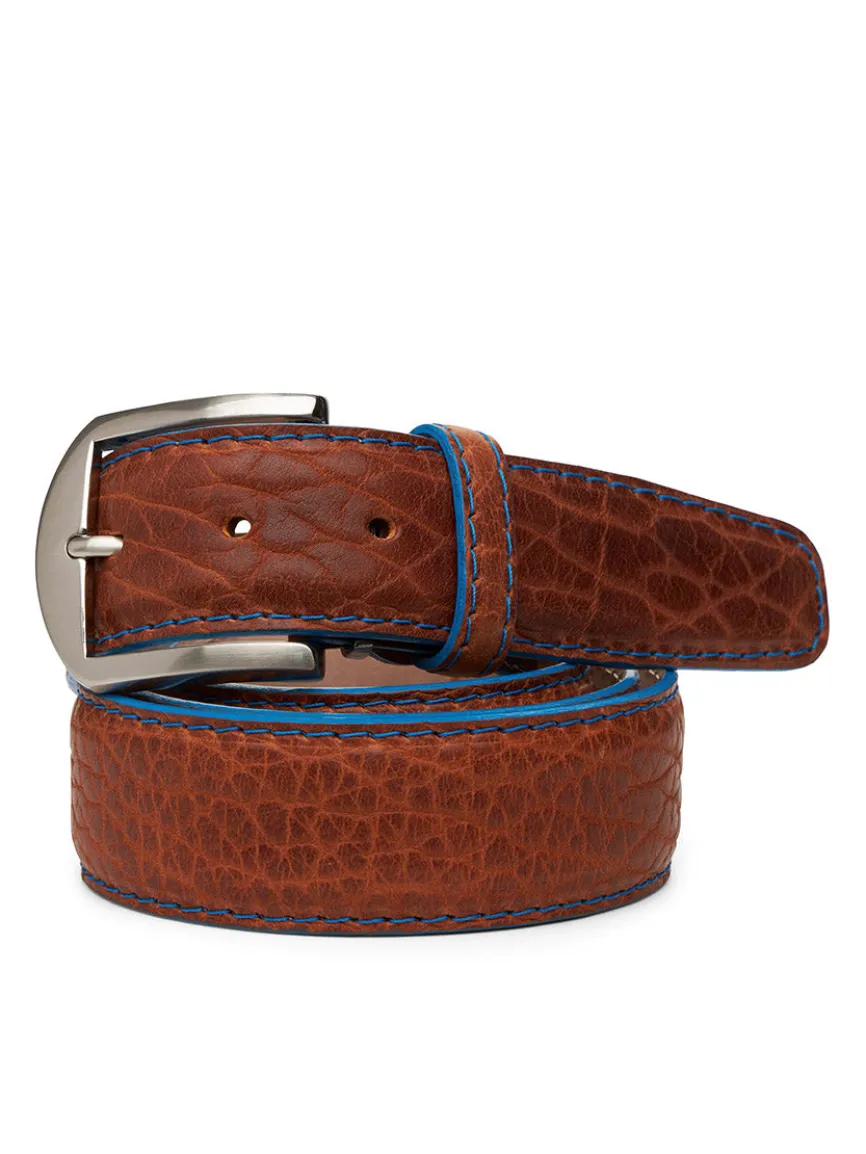 LEN Belts American Bison Belt in Cognac with Denim Edge & Stitching