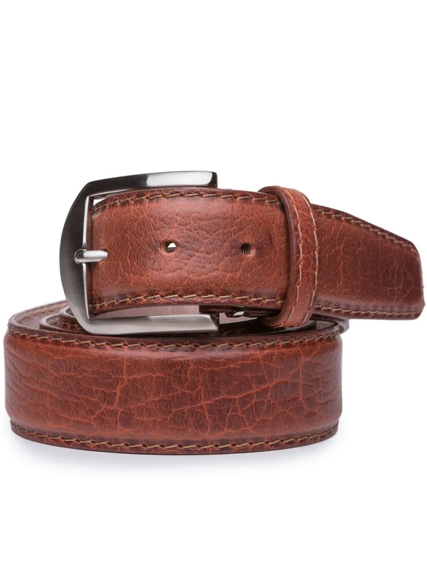 LEN Belts American Bison Belt in Cognac with Cognac Edge & Stitching