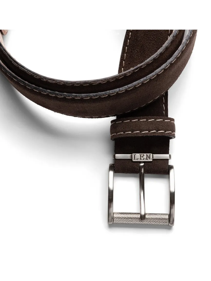 LEN Belts Italian Suede in Chocolate with Beige Stitch