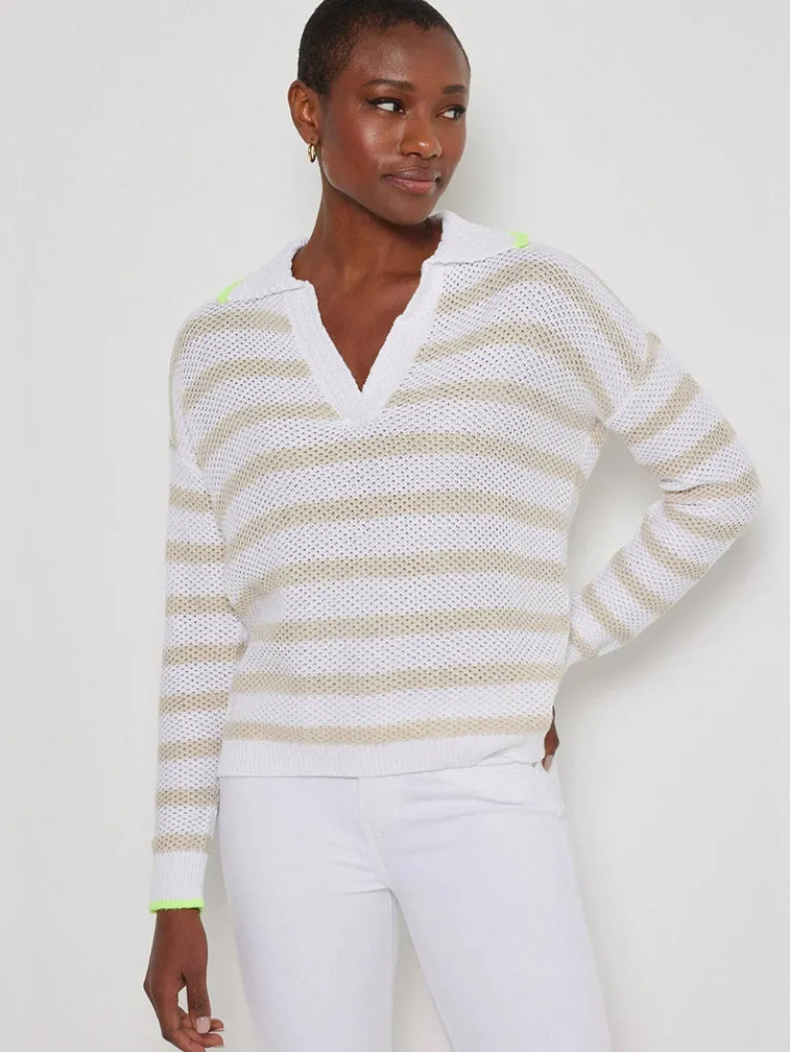 Lisa Todd Stripescape Collared V-Neck Sweater in White/Almond