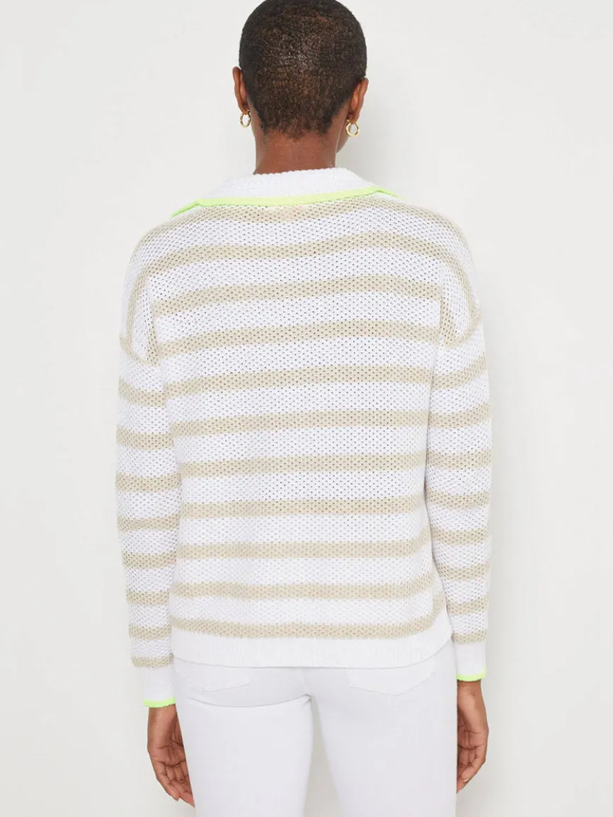 Lisa Todd Stripescape Collared V-Neck Sweater in White/Almond