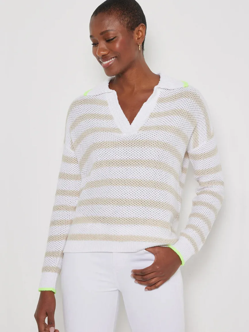 Lisa Todd Stripescape Collared V-Neck Sweater in White/Almond