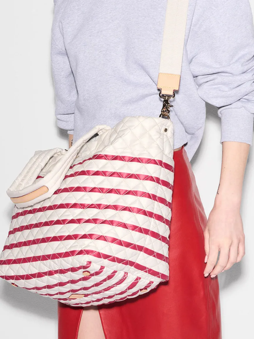 MZ Wallace Medium Metro Tote Deluxe in Sandshell/Apple Charter Stripe Oxford