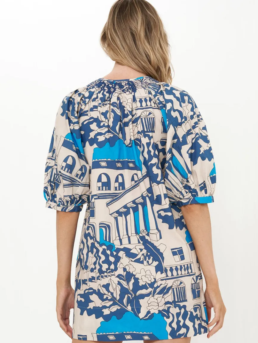 Oliphant Embroidered Button Mini Dress in Roma Blue