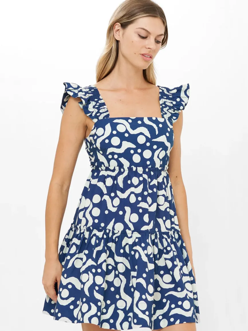 Oliphant Smocked Square Neck Mini Dress in Acadia Navy