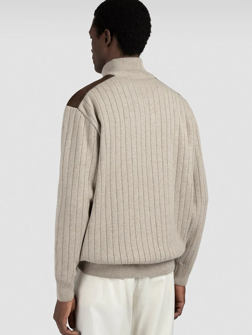 Paul & Shark Quarter Zip Sweater With Suede Details in Natural