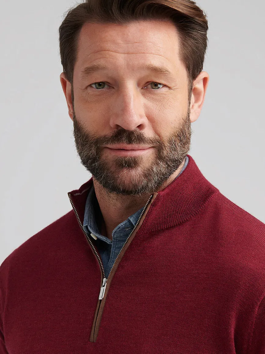 Peter Millar Autumn Crest Suede Trim Quarter-Zip in Brick Red