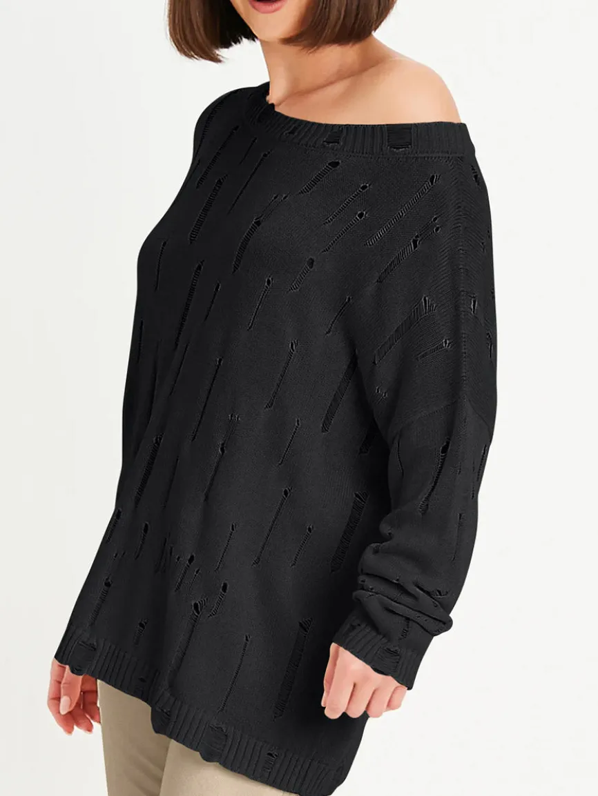 Planet by Lauren G Undone Boatneck Sweater in Black