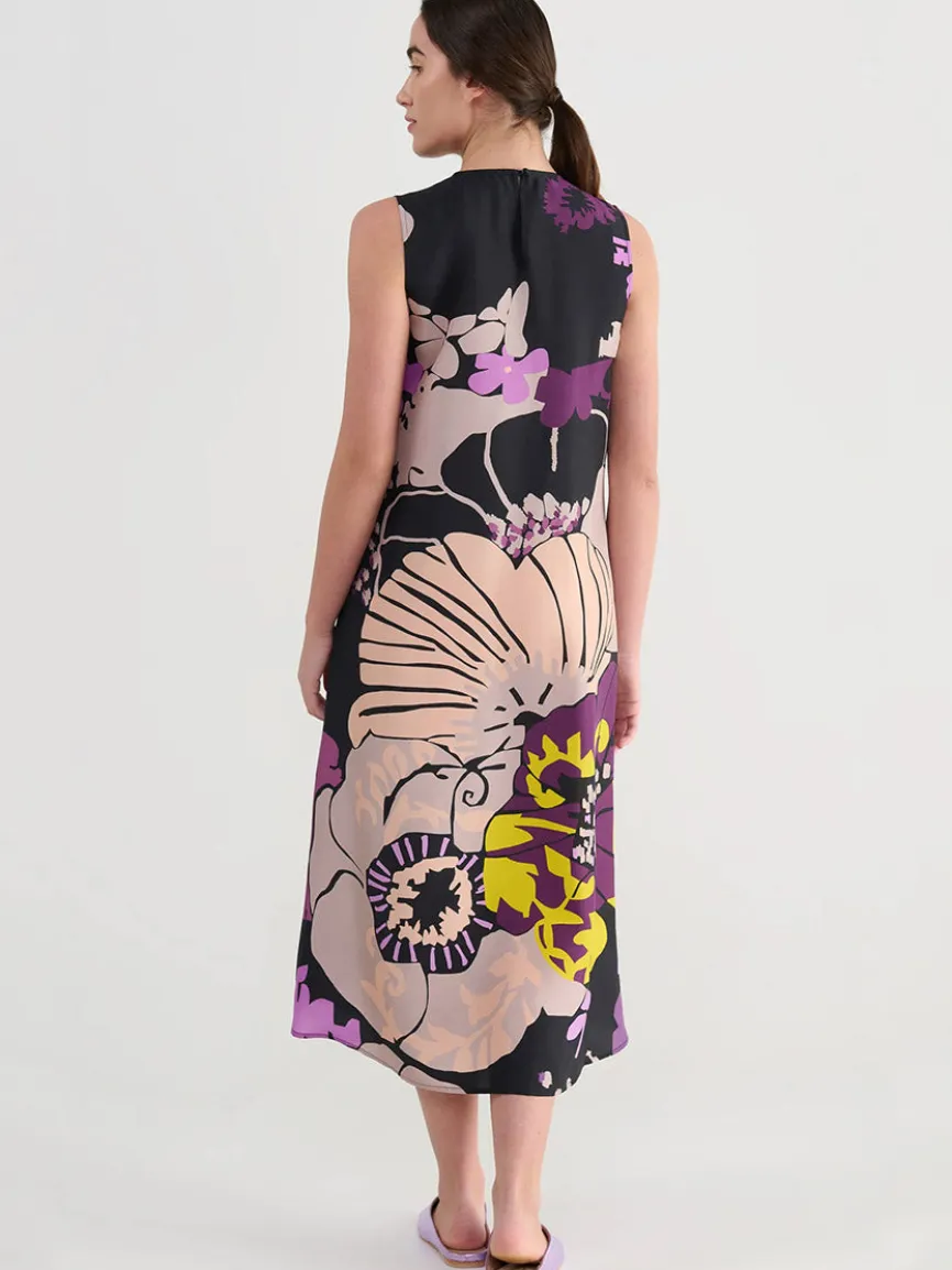 Psophía Short Silk Habotai Dress with Japanese Print in Black