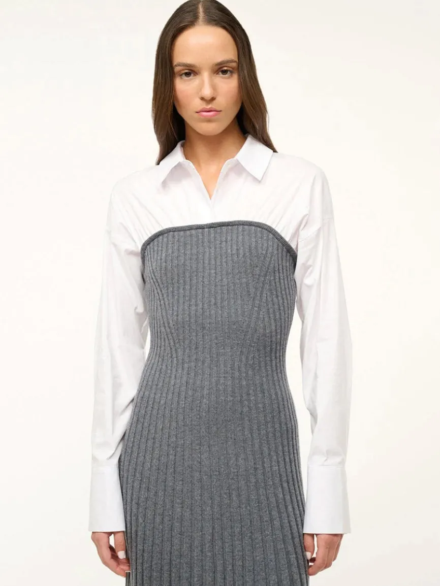 STAUD O'Keefe Pleated Dress in Charcoal/White