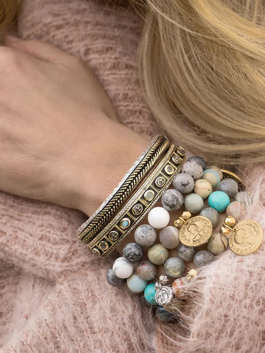 Tat2 Designs Bela Small Oval Labradorite & Coin Bangle in Gold