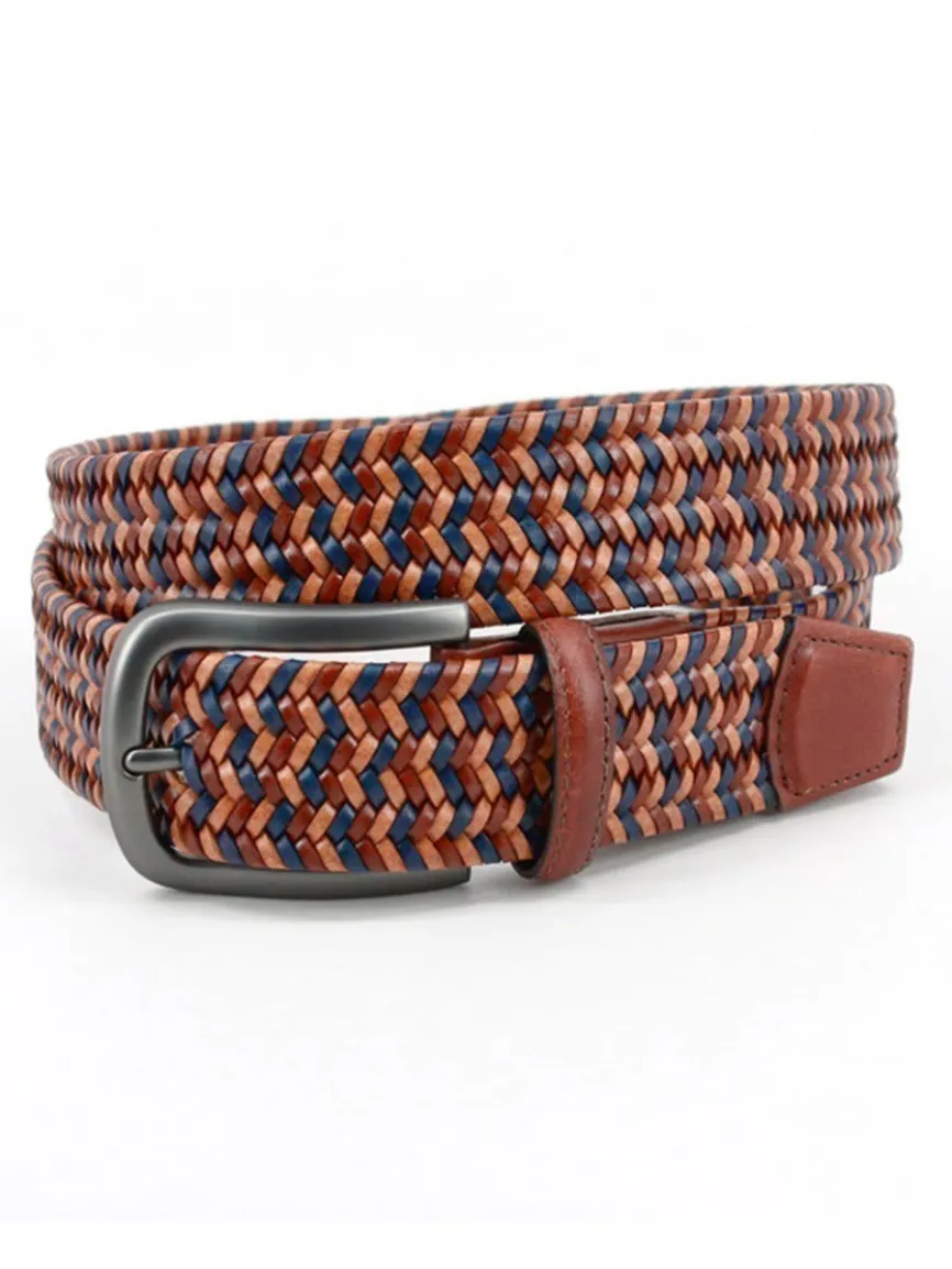 Torino Leather Italian Mini-Strand Woven Stretch Leather Belt in Tan Multi