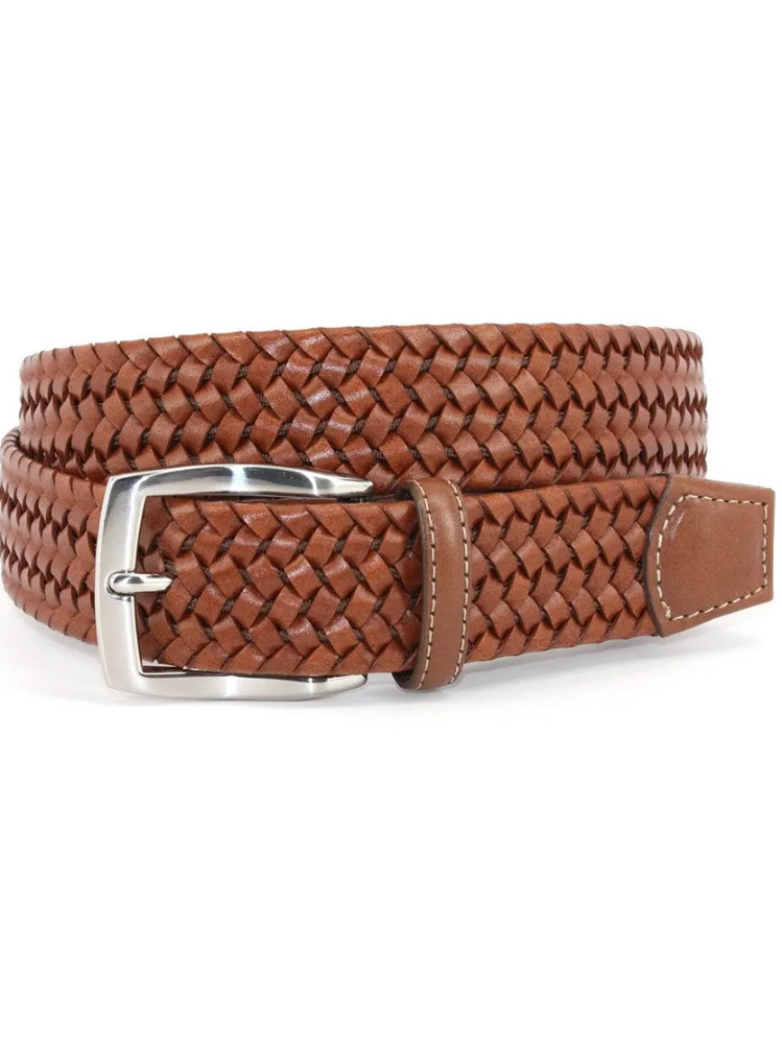 Torino Leather Italian Woven Stretch Leather Belt in Cognac