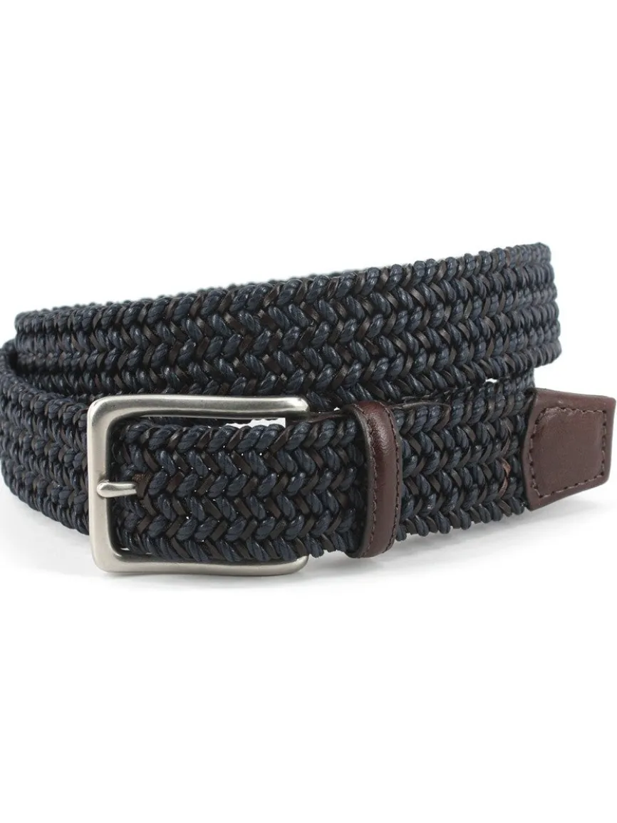 Torino Leather Italian Woven Cotton & Leather Belt in Navy/Brown