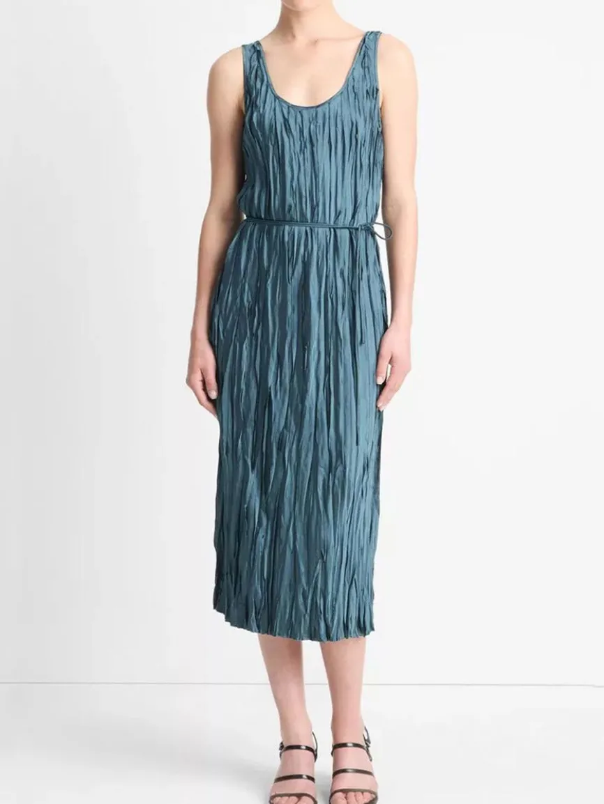 Vince Crushed Satin Bias Tank Dress in Marine Stone