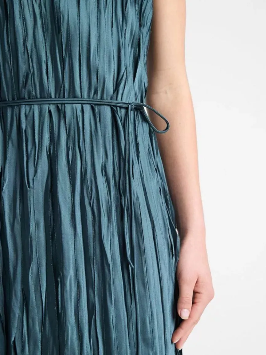 Vince Crushed Satin Bias Tank Dress in Marine Stone