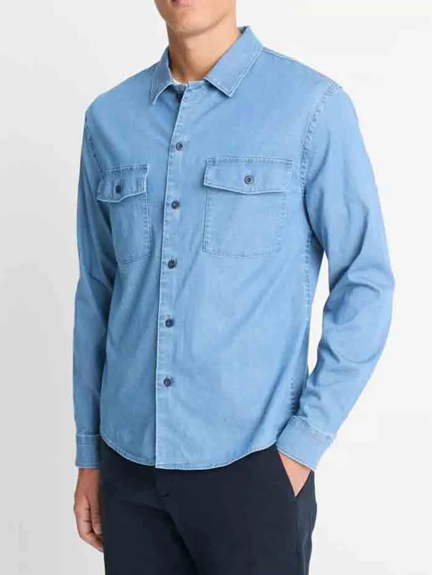 Vince Double Patch-Pocket Cotton Shirt in Washed Waterfall