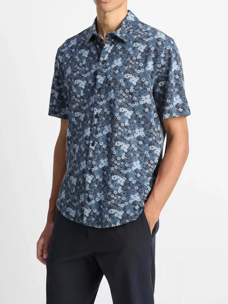 Vince Floral Slub Cotton Short-Sleeve Button-Front Shirt in Coastal Blue
