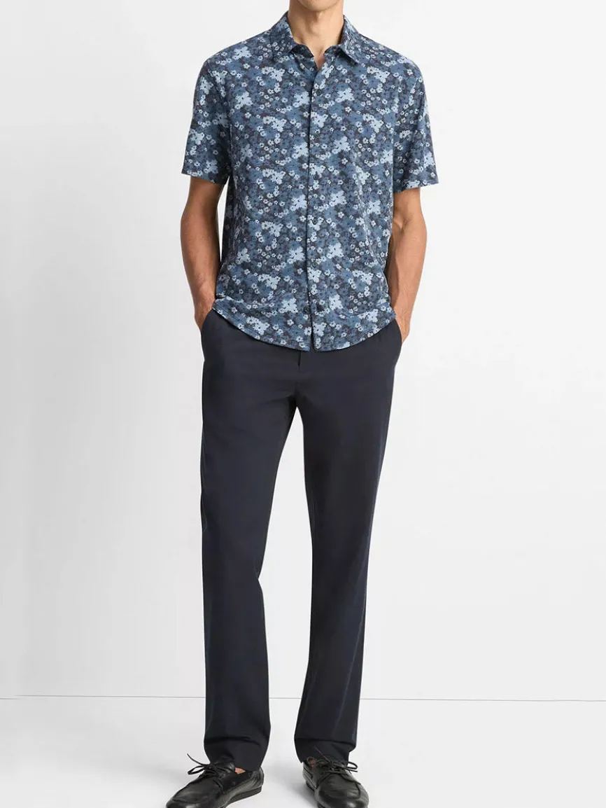 Vince Floral Slub Cotton Short-Sleeve Button-Front Shirt in Coastal Blue