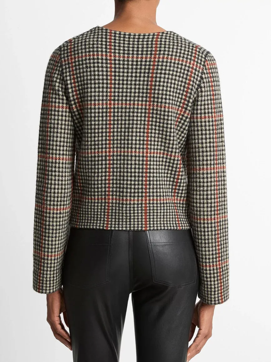 Vince Glen Plaid Wool-Cashmere Cardigan Jacket in Cobblestone/Black Combo